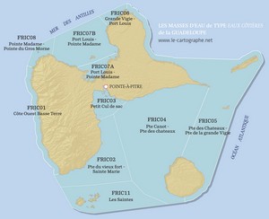 Carte : les masses d'eau de type eaux côtières de Guadeloupe