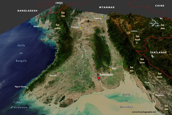 Cartes - Vue en 3D du bassin et du delta de l' Irrawaddy