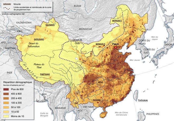 Carte - La répartition démographique chinoise en 2005