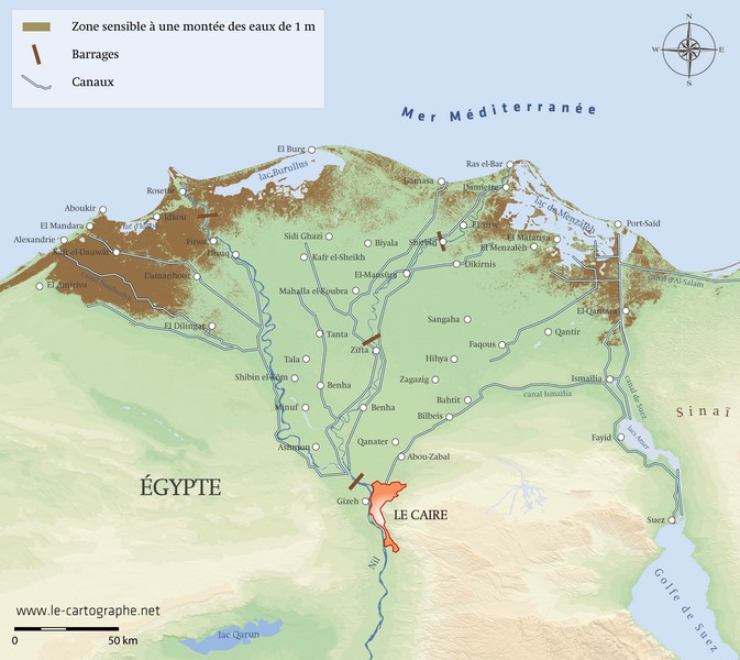 Carte - Conséquence d'une montée des eaux d'1 mètre dans le delta du Nil