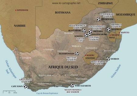 Carte : Localisation des stades de football de la Coupe du Monde 2010 en Afrique du Sud