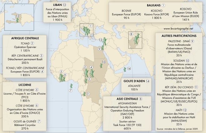 Carte - Les opérations extérieures (OPEX) de l'armée française en janvier 2009
