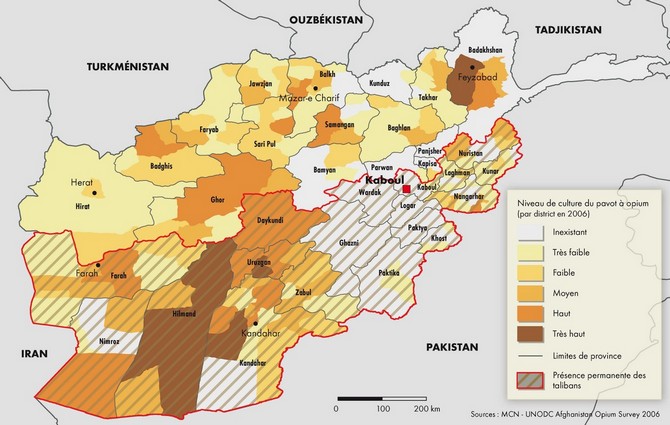 Carte - la culture du pavot à opium en Afghanistan, par district en 2006