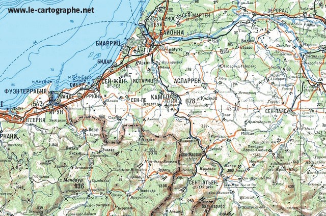Carte russe au 1:500 000 [extrait] centrée sur le pays basque français