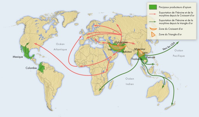 Carte - Principaux itinéraires du trafic de l'opium dans le monde