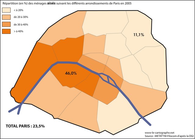 Carte : répartitions des revenus aisés à Paris en 2005