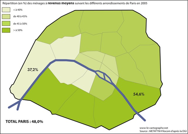 Carte : répartitions des revenus moyens à Paris en 2005