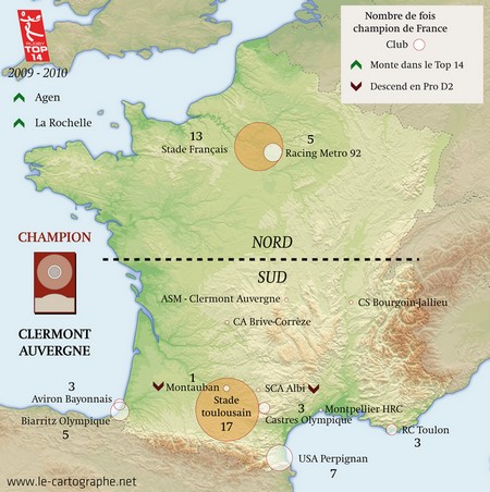 Carte : Bilan de l'édition du Top 14 - 2009-2010