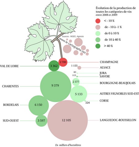 Carte - Estimation de récolte par vignoble toutes catégories de vins en 2009