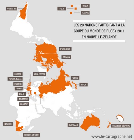 Carte : Les nations participant à la Coupe du Monde de Rugby 2011