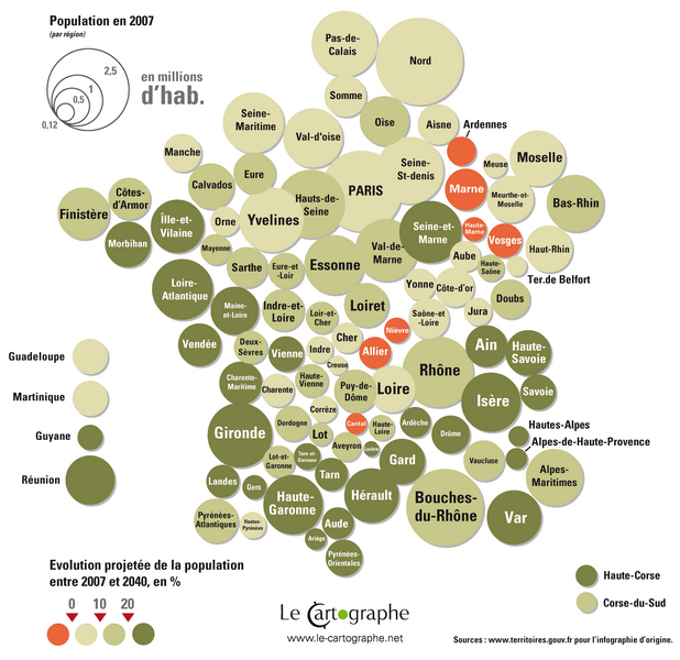 Carte : Évolution de la population des départements français entre 2007 et 2040
