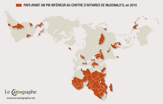 Carte : Pays ayant un PIB inférieur au chiffre d'affaire de McDonald's, en 2010