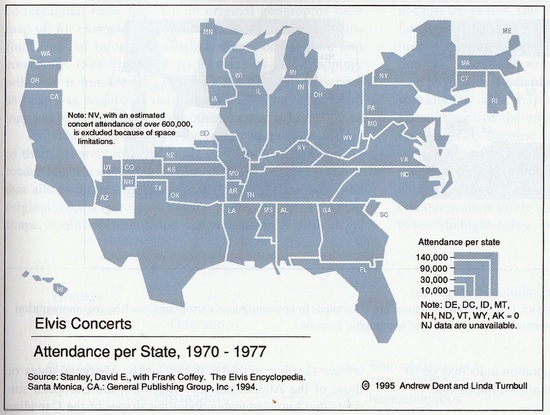 Carte : Anamorphose des concerts d'Elvis Presley (1970-1977)