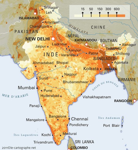 Carte : Densité de population de l'Inde (nbre d'habitant au km² en 2005)