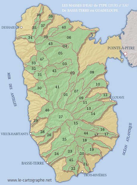 Carte : les masses d'eau de type tronçons de cours d'eau en Guadeloupe