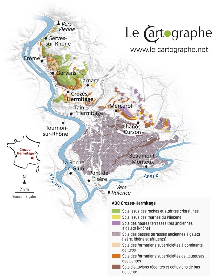 Carte géologique de l'AOC Crozes-Hermitage