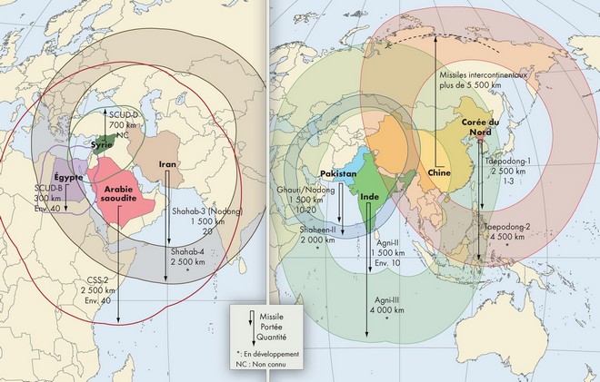 Carte - La portée des missiles des pays 