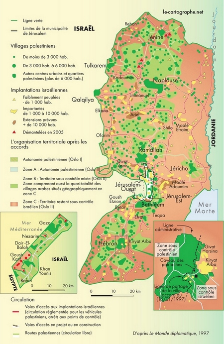 Carte : Le compromis territorial des accords d'Oslo I et II (1993-1995)
