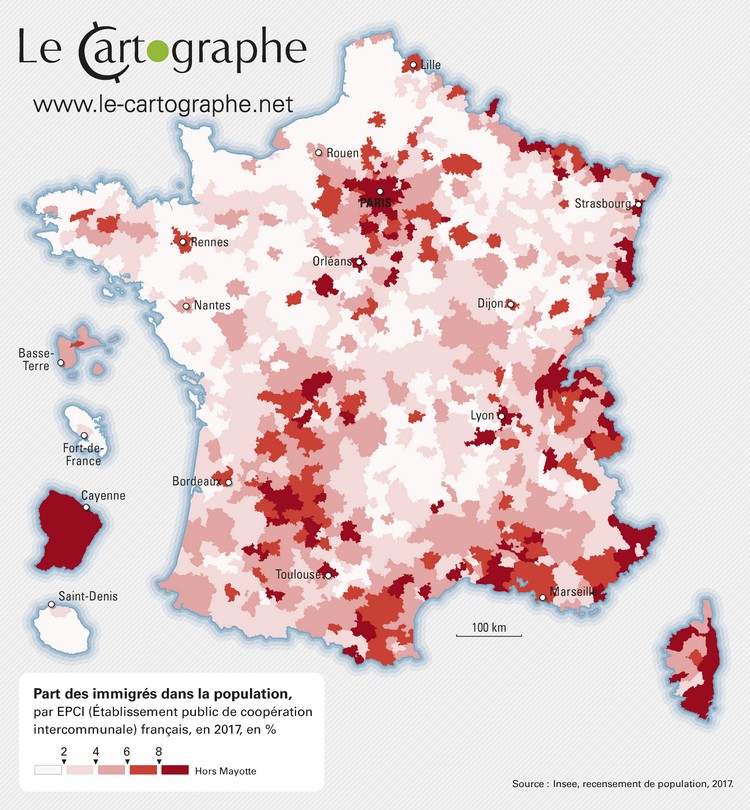 Carte  : Part des immigrés dans le population française, en 2017