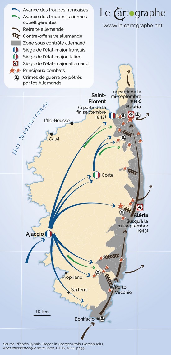 Carte : La libération de la Corse (Sept.-oct. 1943)