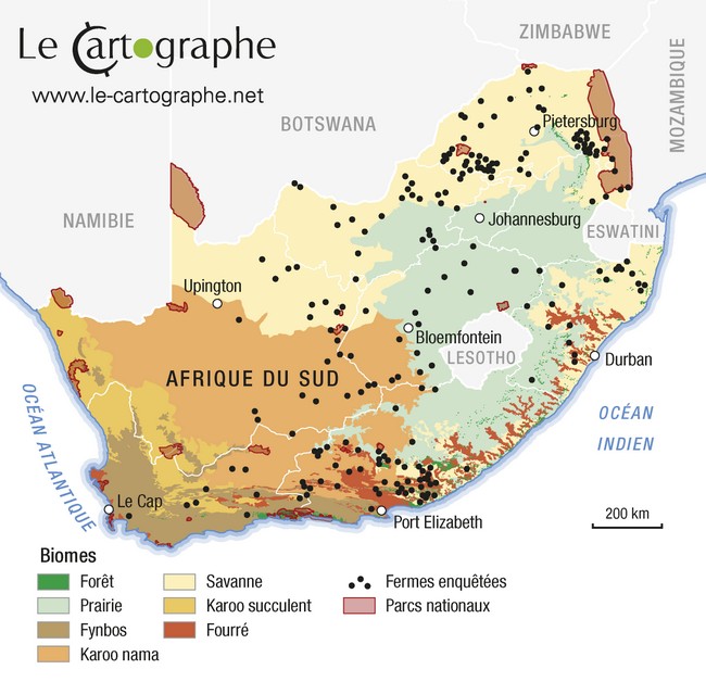 Carte : Distribution des fermes (ranchs) de faune sauvage en Afrique du Sud en 2016