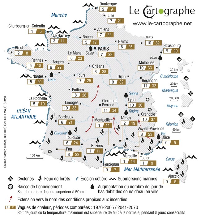 Carte : Les implications du réchauffement sur les principaux aléas climatiques en France
