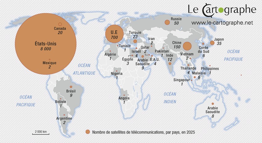 Carte : L'inégale répartition des satellites de télécommunication dans le monde