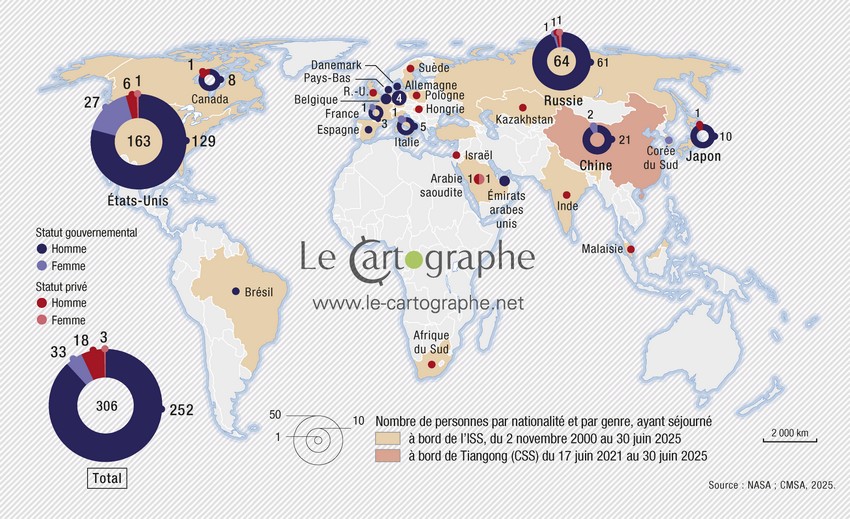 Carte : Nationalités ayant volé à bord de l'ISS et de Tiangong-CSS