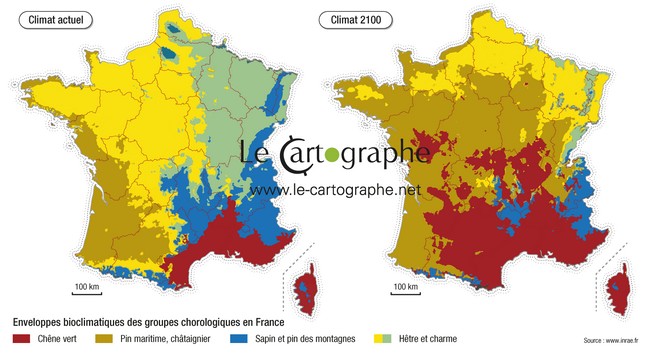 Carte : Répartitions de quelques essences aujoud'hui et en 2100