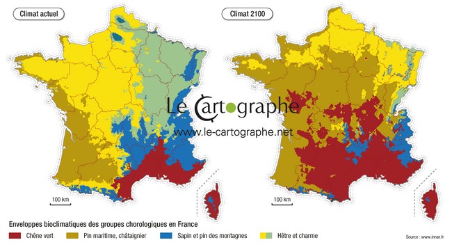 Carte : Répartitions de quelques essences aujoud'hui et en 2100