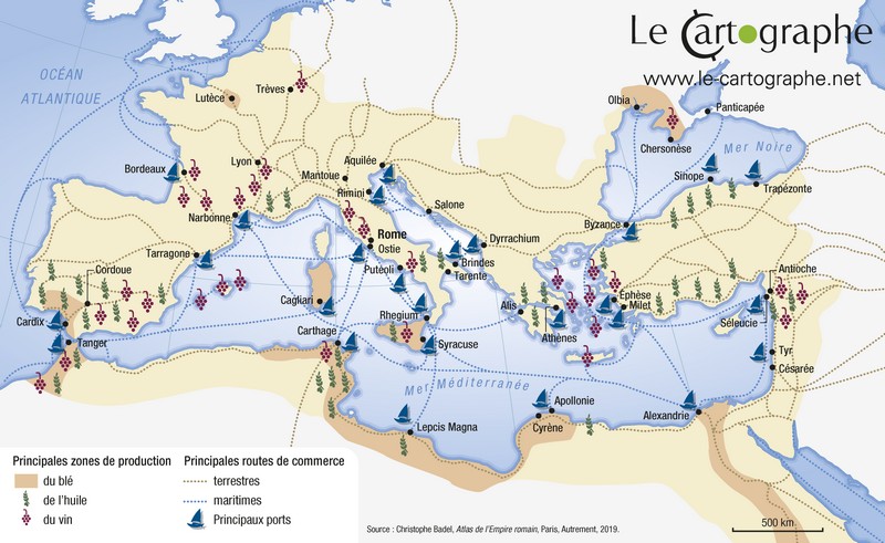 Carte : Principaux espaces de production et axes commerciaux dans l'Empire Romain