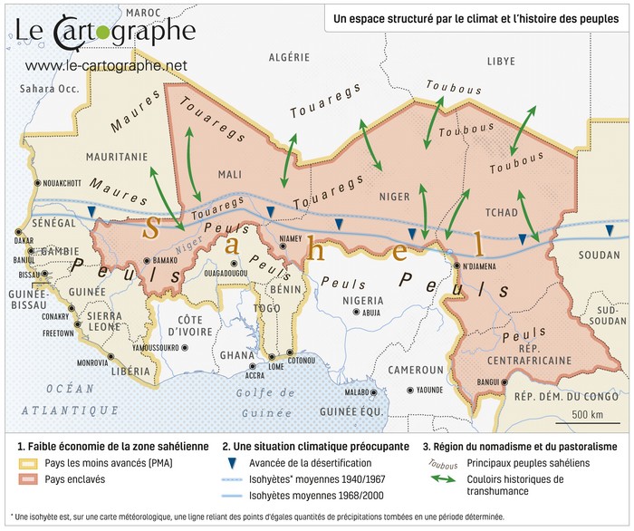 Carte : La Bande sahélo-saharienne ; un espace structuré par le climat et l'histoire des peuples