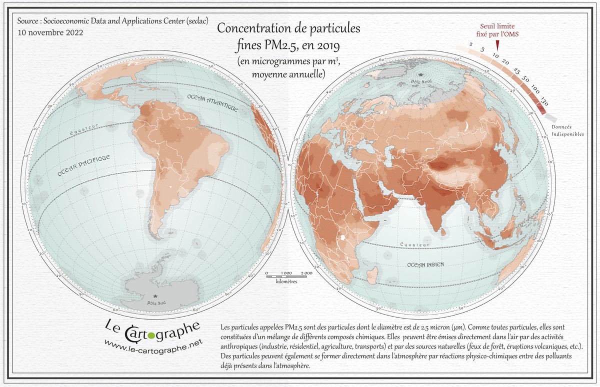 Carte : Concentration de particules fines PM 2,5 dans le monde en 2019