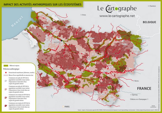 Carte : Picardie, Impact des activités anthropiques sur les écosystèmes
