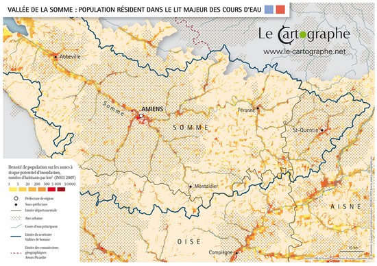Carte : Picardie, Vallée de la Somme, population résident dans le lit majeur des cours d'eau