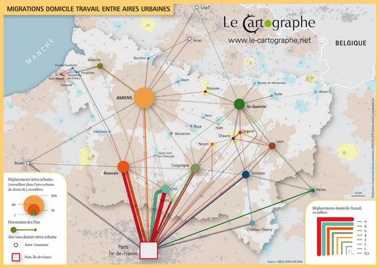 Carte : Picardie, Migration domicile-travail entre aires urbaines