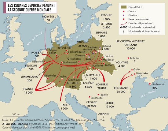 Carte : Les Tsiganes déportés pendant la Seconde Guerre Mondiale