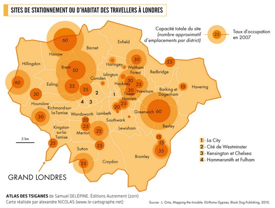 Carte : Sites de stationnement ou d'habitat des travellers à Londres