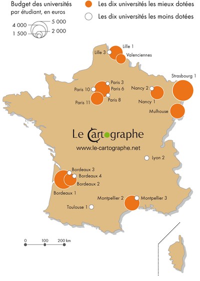 Carte : Budget des universités, par étudiant, en euros