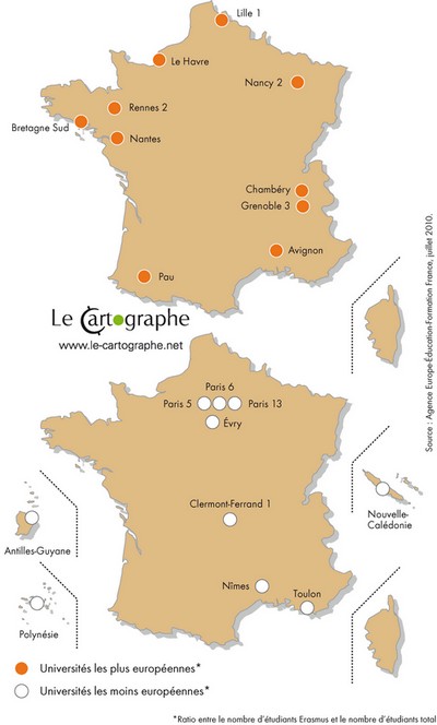 Carte : Les étudiants Erasmus dans les universités françaises