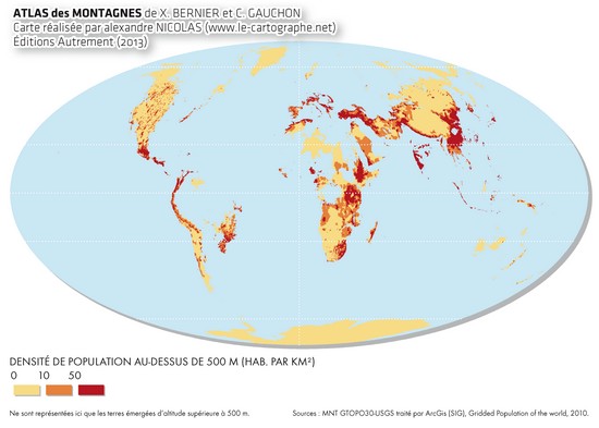 Carte : Le peuplement du monde au-dessus de 500 mètres