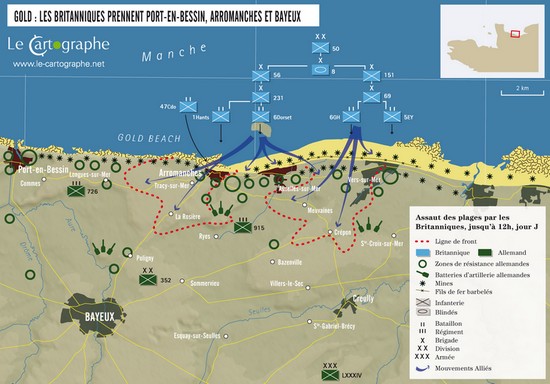 Carte : Gold Beach, les britanniques prennent Port-en-Bessin, Arromanches et Bayeux