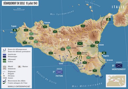 Carte : Débarquement en Sicile, 10 juillet 1943