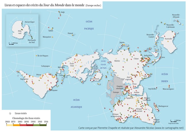 Carte : Lieux et espaces des récits du Tour du Monde dans le monde